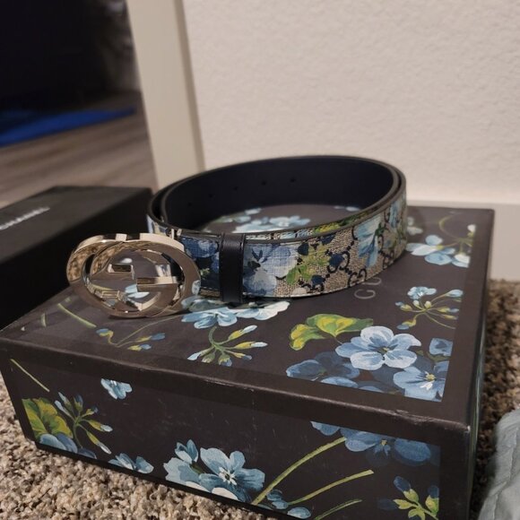 GG Supreme Monogram Blooms Interlocking G Belt Beige Blue Navy - Picture 7 of 7